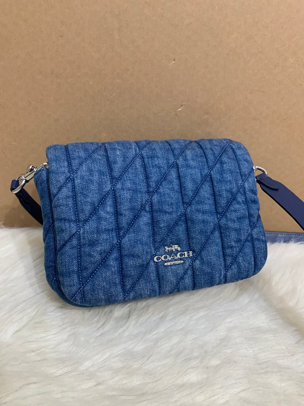 COACH Blue Denim Stripe Stitch-Quilted QUINN Flap Crossbody CAK40
